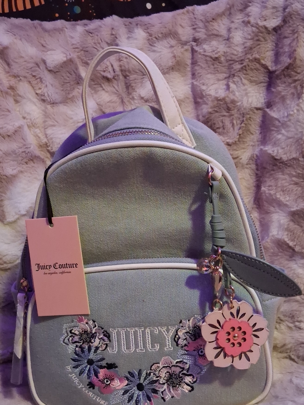 Juicy Couture Mint Green Floral Embroidered Mini Backpack with Flower Charm